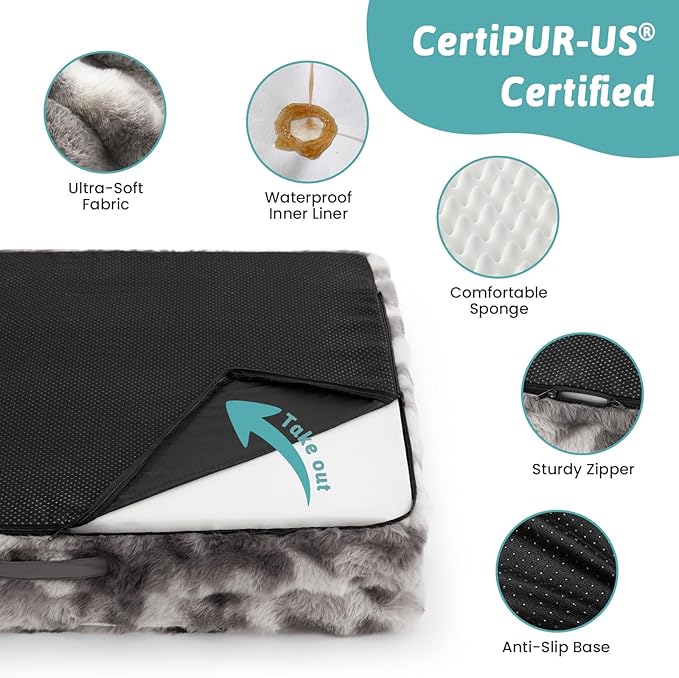 Faux Fur Orthopedic Dog Bed, Dog Bed for Large Size, Supportive Foam Pet Sofa with Waterproof Lining Cover, Washable U-Shaped Pet Couch with Anti-Slip Bottom, Tie-dye Grey L 36x27x6.5 inch