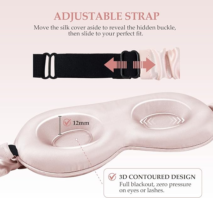 SGMSILK 100% Mulberry Silk Sleep Mask for Unisex, 22 Momme 3D Silk Contoured Eye Mask, Breathable Light Blocking Blindfold with Adjustable Strap, Blackout Eye Cover for Travel, Pink