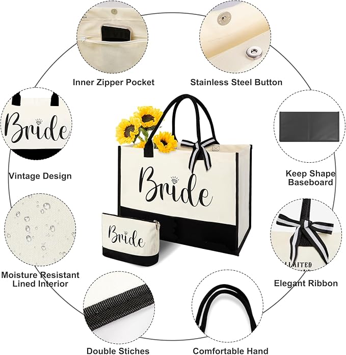 Vanqruo Bride Gifts Canvas Tote Bag with Makeup Bag, Wedding Gifts for Bridal Shower Bachelorette Party Engagement Honeymoon, Miss to Mrs, Bride to Be, Bridal Shower Decorations