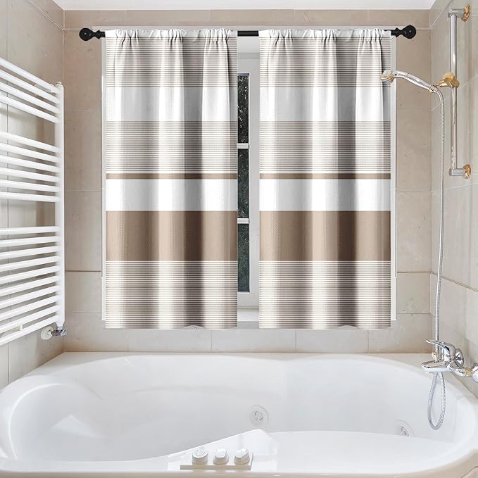 Culudea Striped Modern Boho Waffle Textured Cloth Shower Curtain Set, Taupe White Beige Horizontal Stripe Bathroom Window Waterproof Shower Curtains for Bathroom Decor