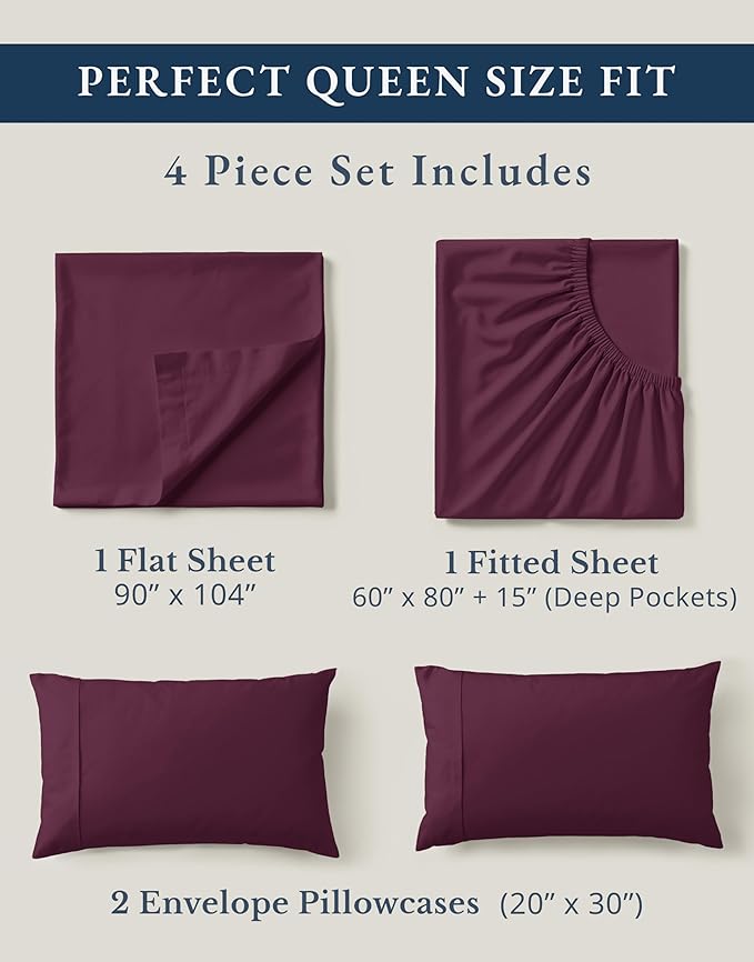 LANE LINEN 100% Organic Cotton Sheets Queen Size, Classic Percale Weave Fully Elasticized Breathable Queen Cotton Sheet Set, Machine Washable Soft & Comfy Queen Sheet Set - Windsor Wine
