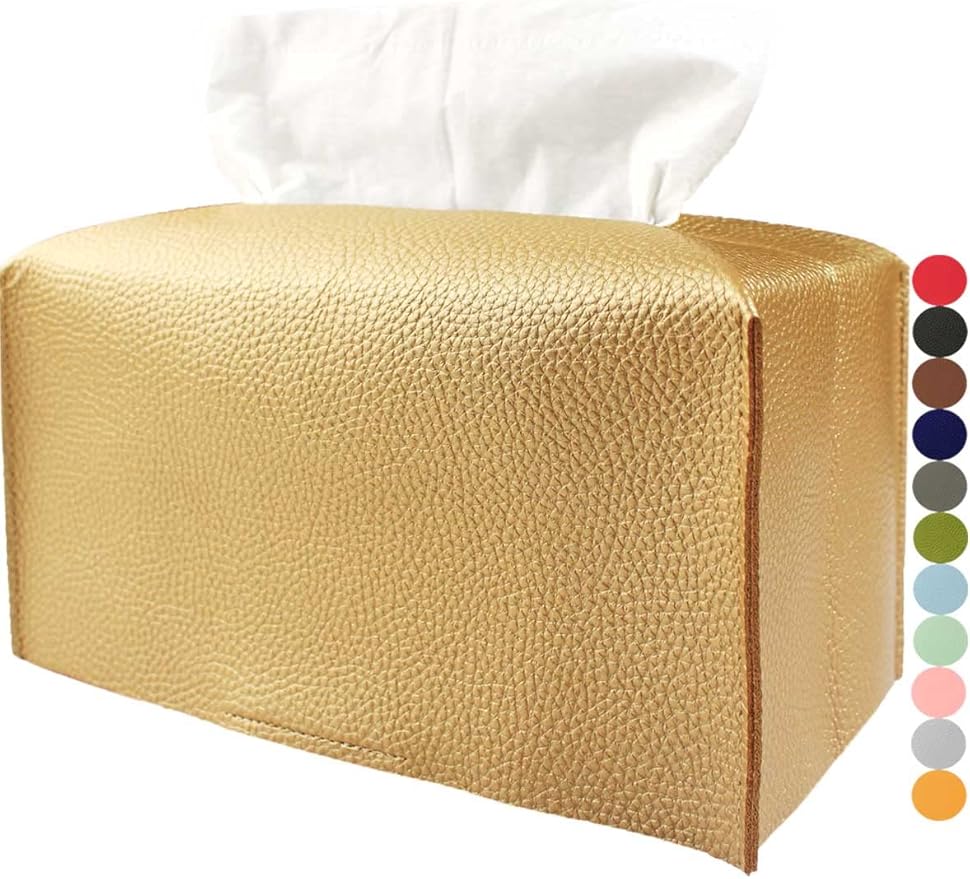 Gold Tissue Box Cover Rectangular – Plus Size Leather Tissue Box Holer with Bottom Belt Modern PU Leather Long Rectangle Tissue Holder for Bathroom/Home/Office Decor