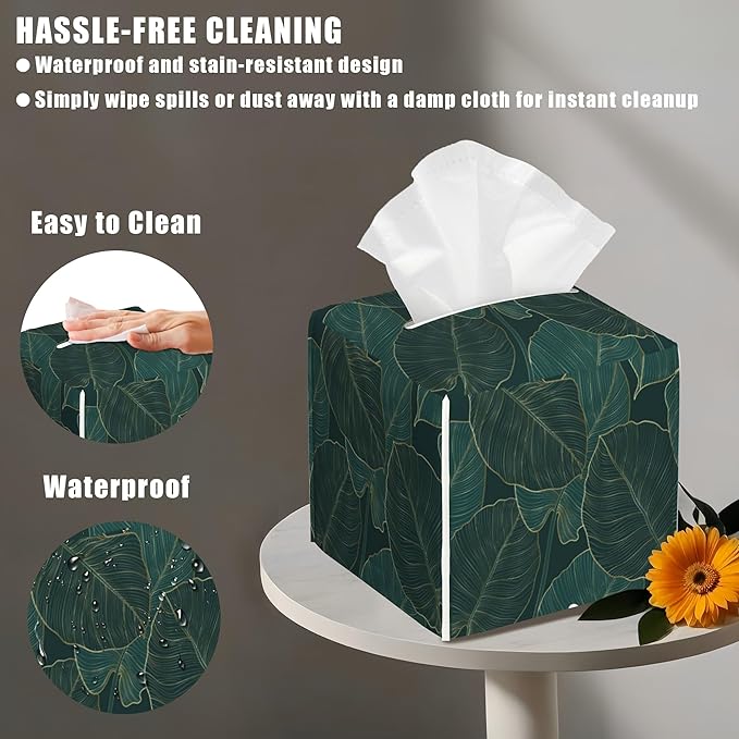 BLYKVGHQ Tropical Green Leaves Tissue Box Cover Square, Golden Line Art Tissue Box Holder with Bottom Belt Leather Facial Paper Organizer Dispenser for Bathroom Bedroom Dresser Night Stand Tabletop