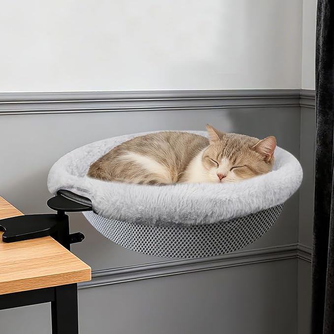 IPOW Heavy Duty Steel Frame 180° Rotating Cat Desk Bed Semi-Circular Cat Bed, Soft Faux Rabbit Fur Material, Suitable for Various Desktops-Maximum Hold Up to 40lb