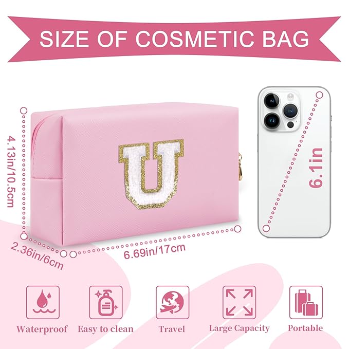 Personalized Initial A-Z Preppy Patch Makeup Bag,Small PU Chenille Letter Cosmetic Bag with Zipper for Teen Girls,Pink Cute Toiletry Organizer Bag,Monogram Makeup Case Gift for Women Girls,Letter U