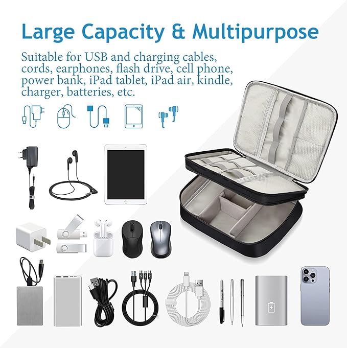 OliviaLiving Electronics Travel Organizer, Double Layer Cable Organizer Bag Waterproof Electronics Accessories Storage Bag for Charger, Phone, Power Bank, Hard Drive, Cord, Tablet