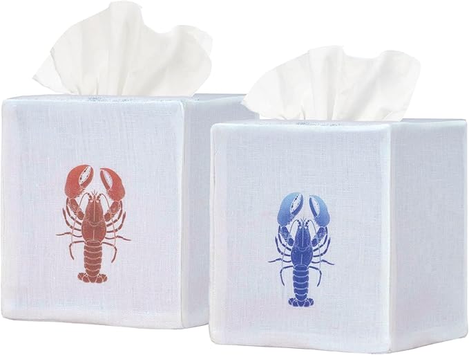 EmbroideryLinen.VN Tissue Box Cover Set of 2, Square Linen Tissue Holder, Printed Animal Pattern, 4.5x4.5x5.5 Inches, Decorative Holder for Bathroom, Living Room, Office (Lobster)