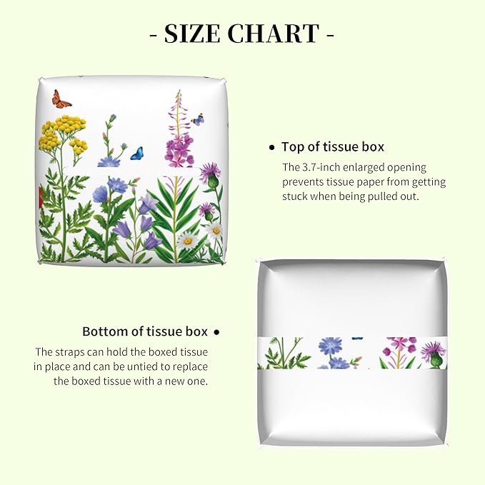 Colorful Flowers and Butterfly Tissue Box Cover,Wildflower Floral Waterproof Leather Square Tissue Box Cover Case Facial Paper Organizer Dispenser Box Holder for Home Office Bathroom Vanity Countertop