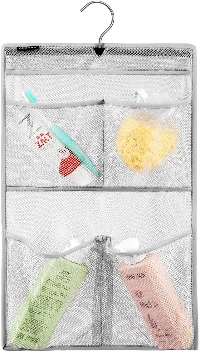 ANZORG Mesh Shower Organizer Hanging Caddy Quick Dry Bathroom Storage for Toiletry Accessories with Rotating Hanger (4 Pockets)
