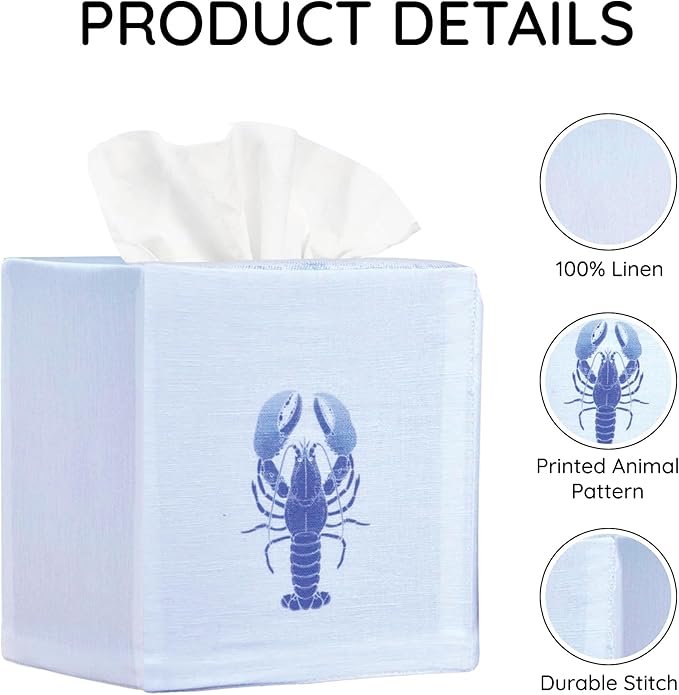EmbroideryLinen.VN Tissue Box Cover Set of 2, Square Linen Tissue Holder, Printed Animal Pattern, 4.5x4.5x5.5 Inches, Decorative Holder for Bathroom, Living Room, Office (Lobster & Crab)