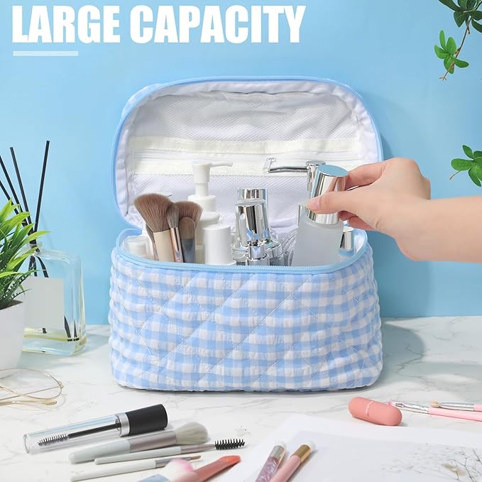Paterr Makeup Bag Set 3 Pcs Large Quilted Cotton Make up Bags for Women Cosmetic Travel Toiletry Organizer Pouch Cute Aesthetic Storage Purse(Blue,White and Blue Plaid)