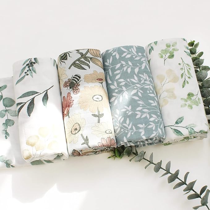 LifeTree Muslin Swaddle Blankets, 2 Pack Baby Swaddling Receiving Blanket for Boys & Girls, 70% Viscose from Bamboo & 30% Cotton, Large 47" X 47" Eucalyptus Leaves/Sage