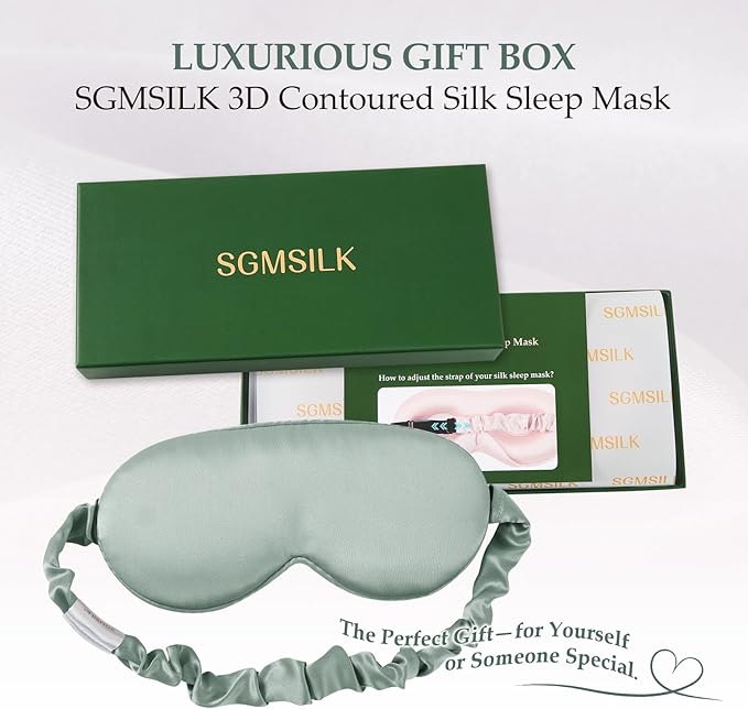 SGMSILK 100% Mulberry Silk Sleep Mask for Unisex, 22 Momme 3D Silk Contoured Eye Mask, Breathable Light Blocking Blindfold with Adjustable Strap, Blackout Eye Cover for Travel, Grayish Green