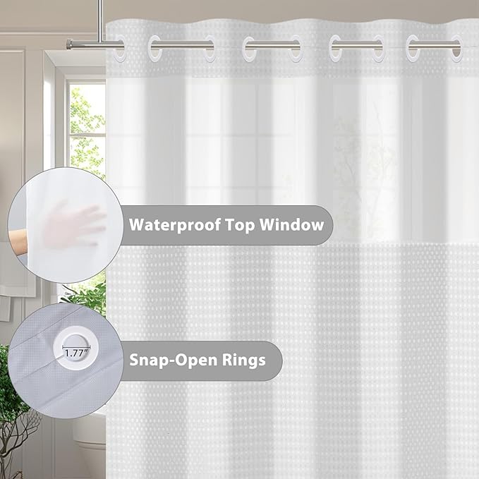 GICDSU No Hook Shower Curtain with Snap in Liner, Waffle Shower Curtain Set for Bathroom, Hotel Style with Semi-Sheer Top Window, Waterproof & Washable, Light Grey, 71" W x 80" L