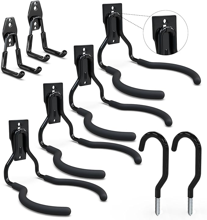 3-H Weed Eater Hanger 4 Pack,2 Garden Hose Holder,2 Screw in Hooks,Utility Weedeater Rack,Tool Hangers for Organizing and Hanging Weed Wacker,Leaf Blower,String Trimmer in Garden