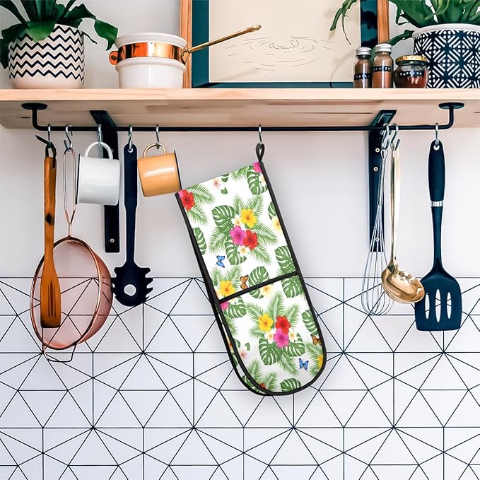 Long Double Oven Mitt for Baking Tropical Floral Flower Leaves Butterfly Heat Resistant Quilted Double Oven Glove Potholder for Cooking Grilling Christmas, Washable