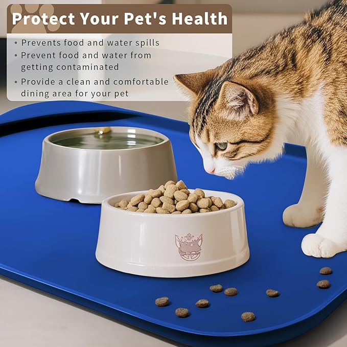 Smilool Silicone Pet Food Mat with Raised Edge for Food and Water Bowl, Dog Feeding Mats, Cat Food Trays for Floor Waterproof, Rubber Tray for Dogs and Cats, 22 x 14 x 0.8 Navy Blue