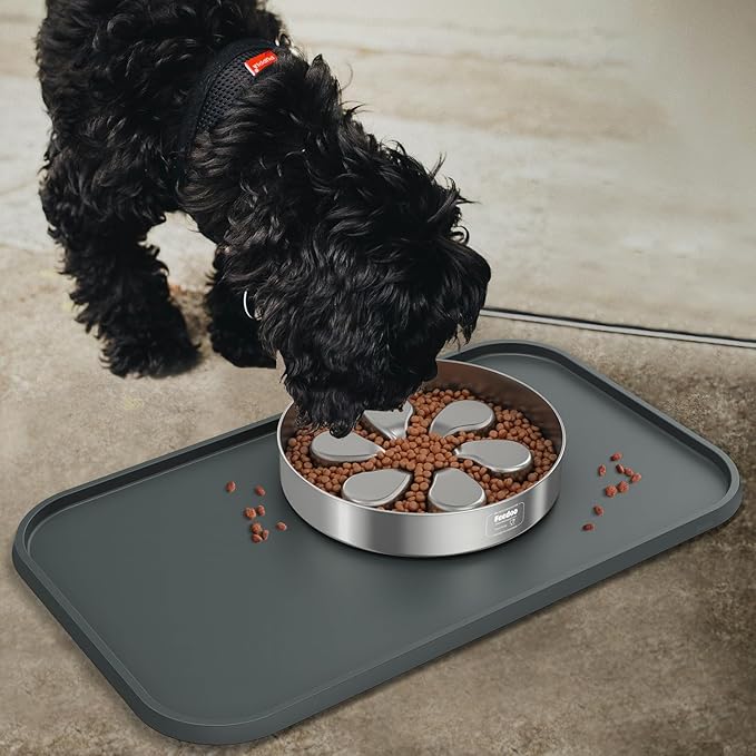Feedoo Pet Feeding Mat [Warped Resistant Raised Edge], Water-Proof Silicone Placement for Food Water Bowls, Anti-Slip Base Protect Floor, BPA-Free&Dishwasher-Safe [23.5x13.5inch Large, Gray]