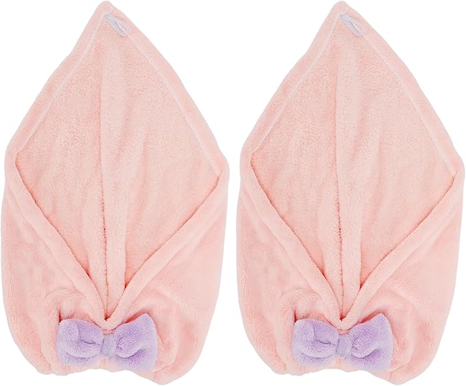 VOCOSTE 2pcs Hair Drying Towels, Triangular Hair Towel Wrap for Women, Absorbent Hair Turban Towel, Bow Hair Drying Cap for Straight Short Hair, Pink