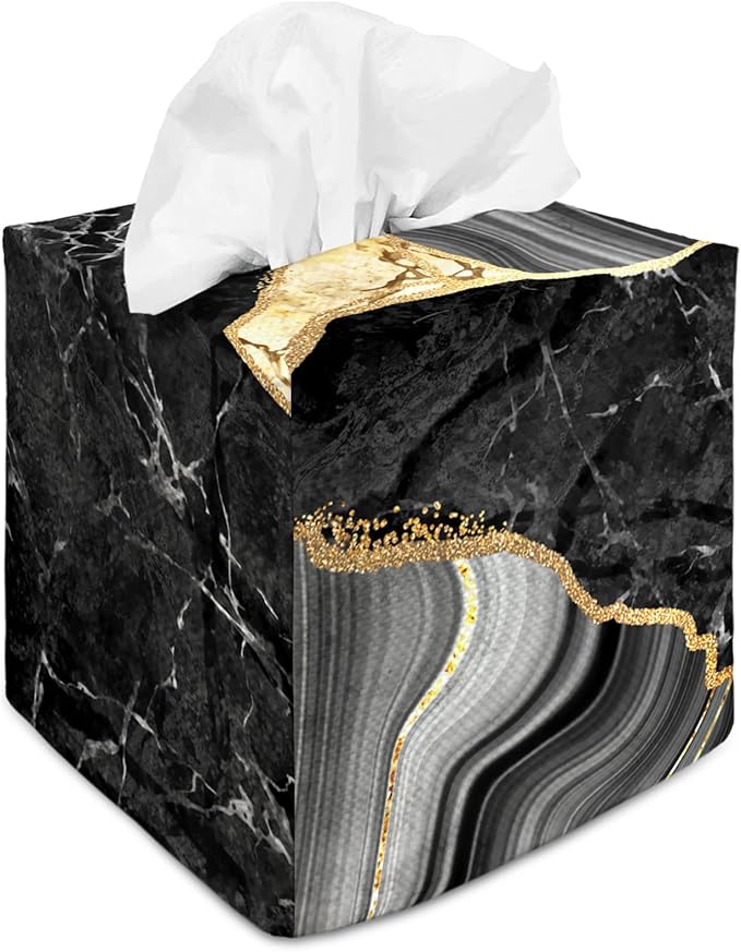 Tissue Box Cover Square Decorative Tissue Box Holder Cute Funny Cube Tissue Case Cover-Black Marble Tissue Box Cover