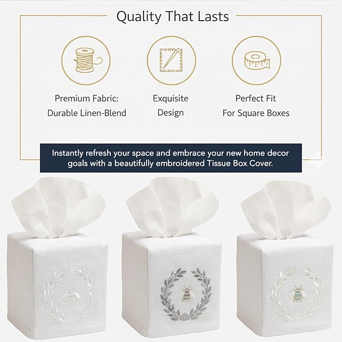 Jacaranda Living Square Tissue Box Cover, Linen/Cotton Fabric Tissue Holder, Decorative Cloth Tissue Cube Cover, Coastal Designs Sand Dollar (Blue)