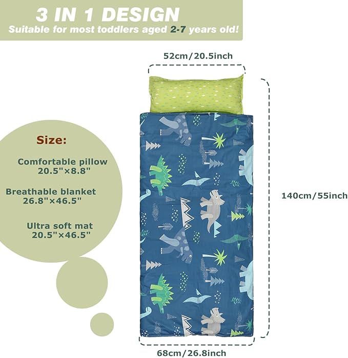 Hi Sprout Toddlers Nap Mat with Removable Pillow and Soft Blanket, Lightweight Daycare Preschool Kindergarten Sleeping Bag, Travel Slumber for Kids Girls Boys
