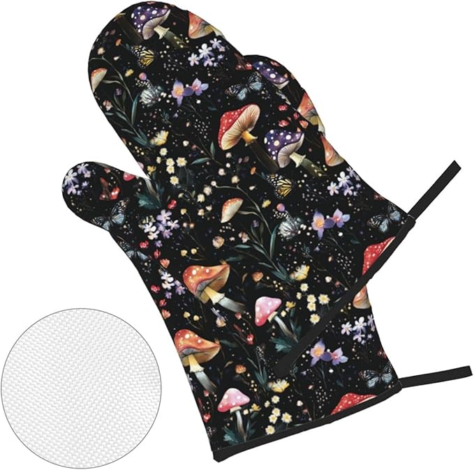 Oven Mitts and Pot Holders Sets of 4 Mushroom Botanical Vintage Kitchen Potholder Gloves Heat Resistant Non-Slip for Chef Baking Cooking Grilling BBQ Mittens