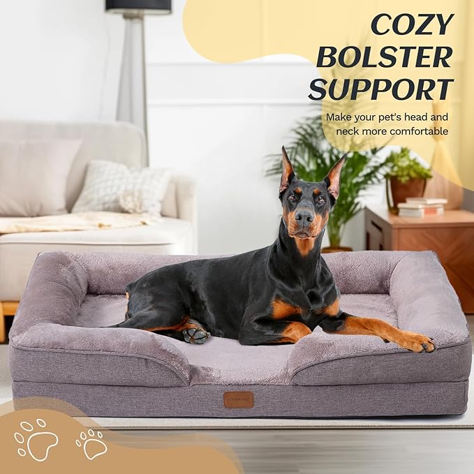 OUPEIWAWA Extra Large Dog Bed Orthopedic with Bolster Sides Removable Egg-Crate Foam Waterproof Liner Pet Bed Sofa Couch with Removable Washable Cover Non-Slip Bottom, Beige