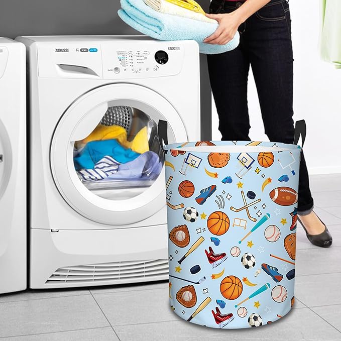 Sports Laundry Basket for Boys and Girls, 43L Round Oxford Cloth Laundry Hamper, Waterproof Collapsible Storage Organizer Bin with Handles for Toys, Gifts for Chritsmas Thanksgiving 13.8x17.7inin