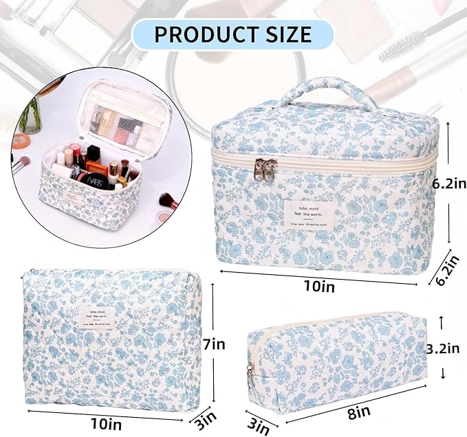 PGAXM 3PCS Makeup Bag,Quilted Cosmetic Bag,Large Floral Makeup Bag for Women,Cute Cotton Cosmetic Bag Set,Travel Toiletry Bag For Women(White blue)