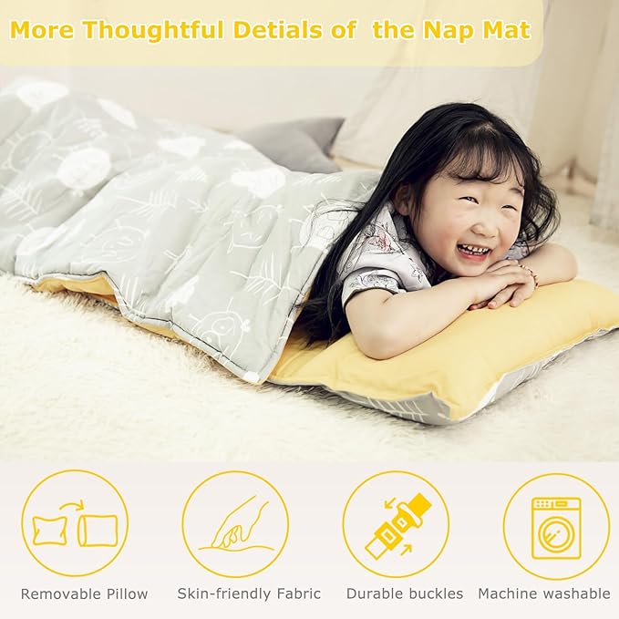 Hi Sprout Toddlers Nap Mat with Removable Pillow and Soft Blanket, Lightweight Daycare Preschool Kindergarten Sleeping Bag, Travel Slumber for Kids Girls Boys