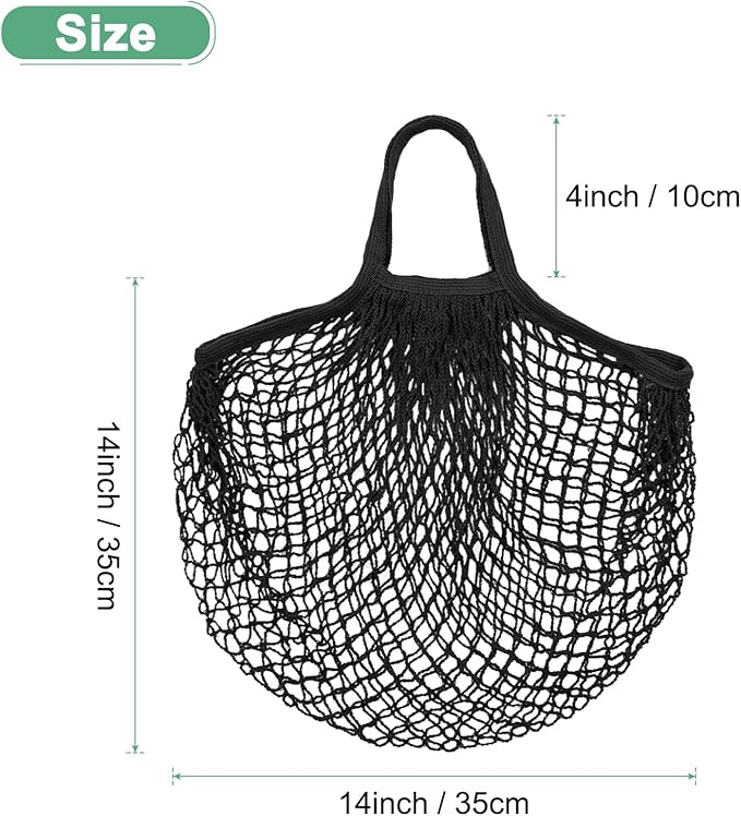 M METERXITY 1-Pack Cotton Mesh Bag, Reusable Washable Mesh Net String Grocery Bags, Reusable Produce Bags with Handle, Net Tote Bag for Fruits/Vegetables Shopping [Black, Short Handle]