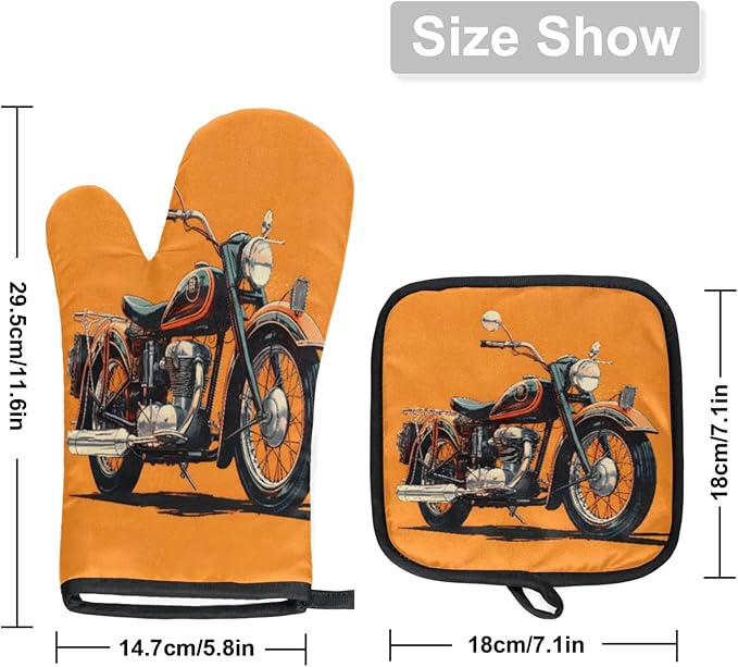 Motorcycle Theme Oven Mitts and Pot Holders Sets, 2 Pcs Decorative Kitchen Oven Glove for Cooking