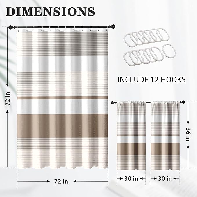 Culudea Striped Modern Boho Waffle Textured Cloth Shower Curtain Set, Taupe White Beige Horizontal Stripe Bathroom Window Waterproof Shower Curtains for Bathroom Decor