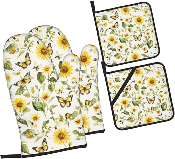 Oven Mitts and Pot Holders Sets of 4 Watercolor Sunflower Butterfly Kitchen Potholder Gloves Heat Resistant Non-Slip for Chef Baking Cooking Grilling BBQ Mittens