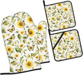 Oven Mitts and Pot Holders Sets of 4 Watercolor Sunflower Butterfly Kitchen Potholder Gloves Heat Resistant Non-Slip for Chef Baking Cooking Grilling BBQ Mittens