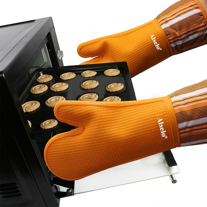 Oven Mitts Heat Resistant Silicone Kitchen Gloves for 550 Degrees with Waterproof and Non-Silp, Oven Gloves for Baking Cooking Barbecue Microwave Machine Washable (Extra Long Orange, 2)