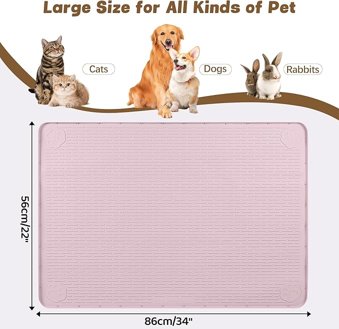 Bartuke Cat Food Mat, 34" x 22" Large Silicone Pet Feeding Mat for Food and Water Bowls Non-Slip, Easy to Clean (Pink)