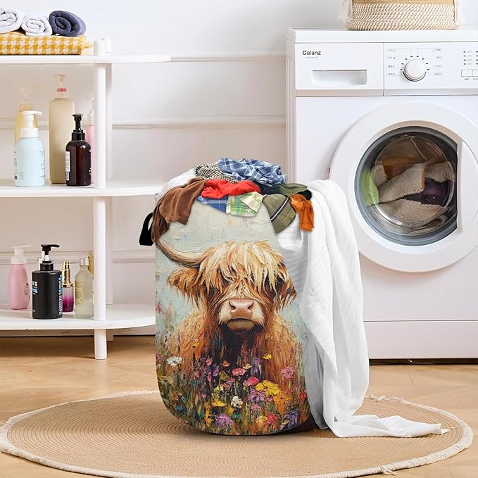 Watercolor Highland Cow Flower Laundry Basket with Sturdy Handles, Collapsible Oxford Cloth Laundry Hamper Organizer Basket for Bathroom Bedroom 15.7x20 Inch