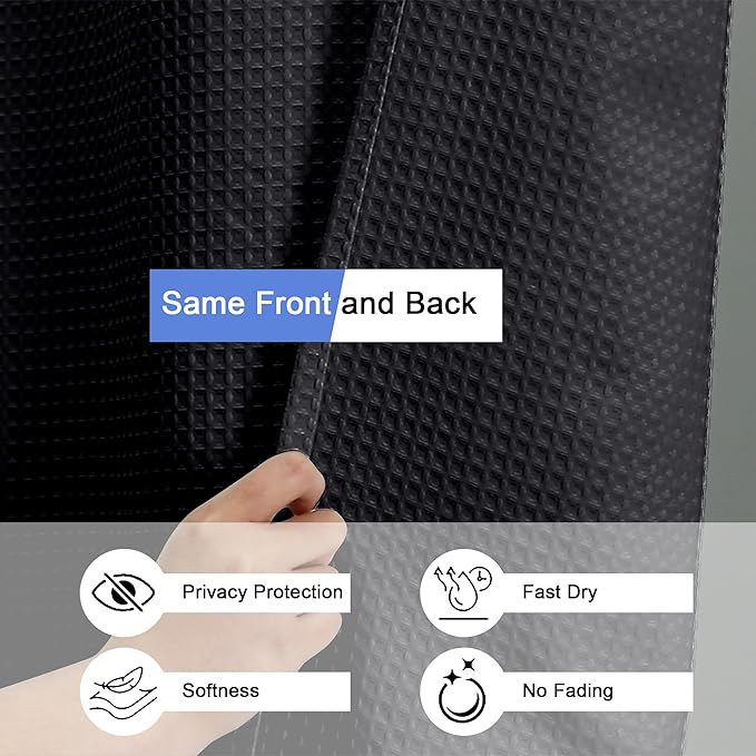 OVZME Extra Long Shower Curtain Set - 84 Inch Long Waffle Weave Heavy Duty Cloth Shower Curtain for Bathroom, Luxury Weighted 230GSM Bath Curtain Set with 12 Plastic Hooks, 72x84, Black