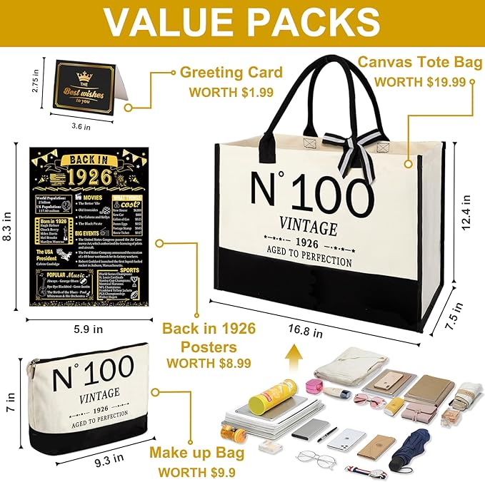 YeohJoy 100th Birthday Gifts for Women Canvas Tote Bag Travel Gear, Unique 100 Years Old Gifts for Wife Mom Sister Aunt Friends Her, Vintage N°100 Handbag & Cosmetic Bag & Back in 1926 Poster
