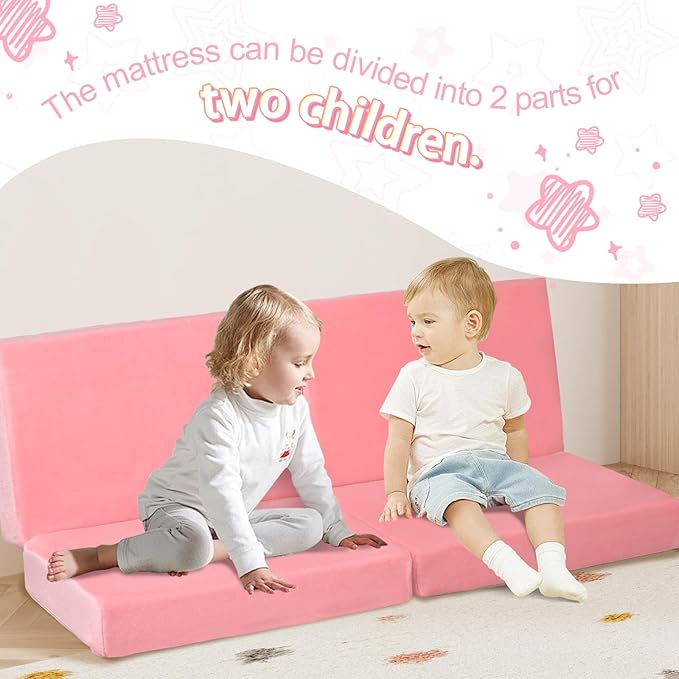 MeMoreCool Foldable Floor Mattress for Kids, Plush Toddler Nap Mat for Sleeping and Daycare, Portable Trifold Futon Mattress Floor Bed, Pink