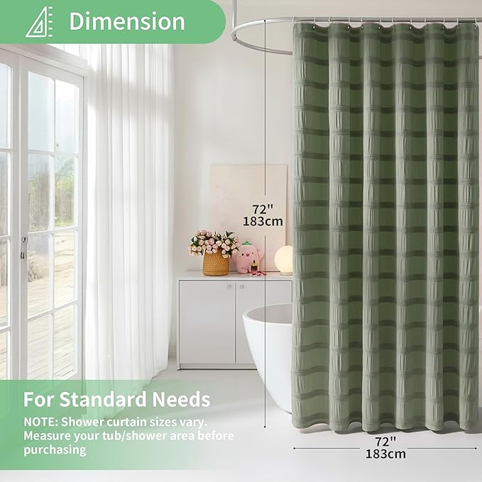 Lameirose Sage Green Shower Curtain Boho, Cotton Blend Waffle Shower Curtain Chic Textured Fabric Shower Curtains for Bathroom 72 x 72 Green