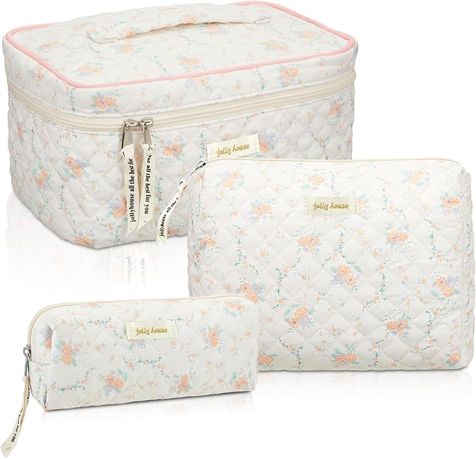 Zeyune 3 Pcs Makeup Bag Quilted Cosmetic Bags Large Floral Makeup Bag Set for Women Cotton Flower Travel Toiletry Storage Cute with Zipper for Women Mom Birthday Gift Home Bathroom(Apricot Peony)