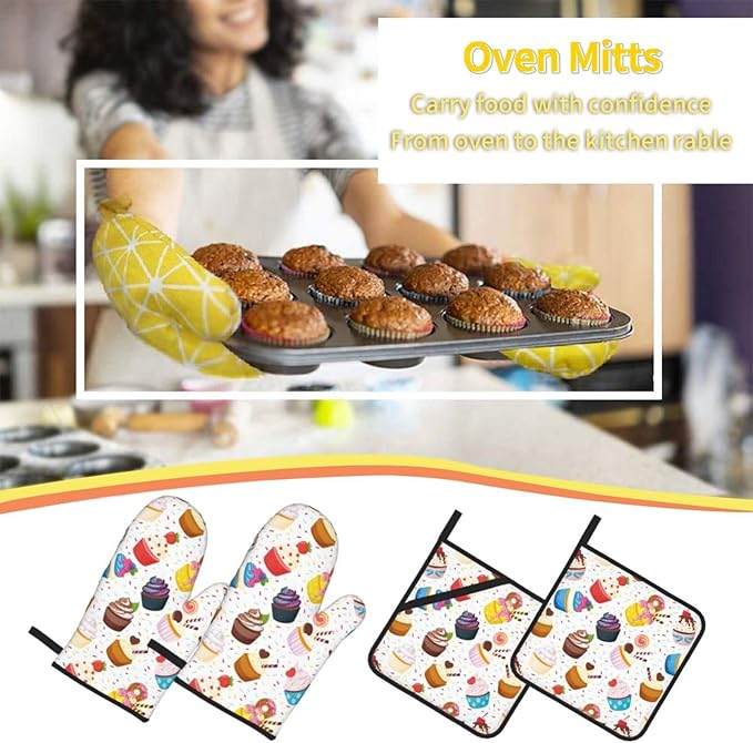 Cupcake Yummy Dessert Oven Mitts and Pot Holders Set of 4, Oven Mittens and Potholders Heat Resistant Gloves for Kitchen Cooking Baking Grilling BBQ