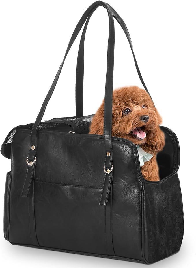 Lasaviin Dog Carrier Purse, Fashion Leather Pet Carrier with Pockets, Airline Approved Soft Sided Dog Carrying Bag for Puppy Cat Dog Black