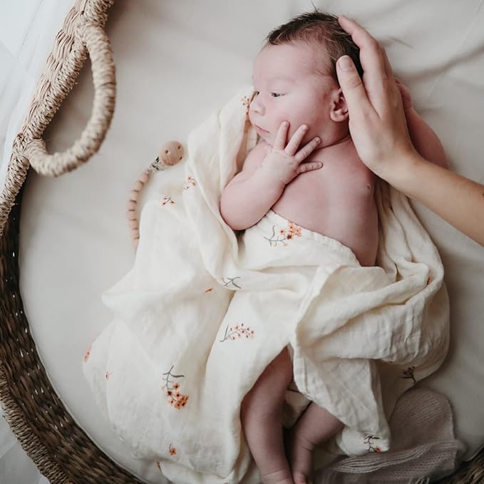 mushie Muslin Baby Swaddle Blanket | 100% Organic Cotton (Flowers)