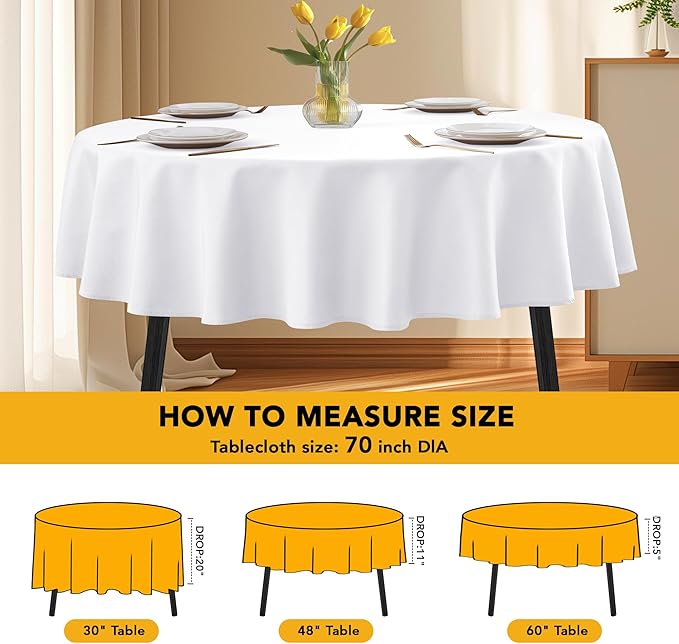 10-Pack White Round Tablecloths, 70 Inches, Stain-Resistant Polyester for 3-4 Ft Round Tables - Washable Table Covers for Weddings, Banquets, Birthday Parties, Events