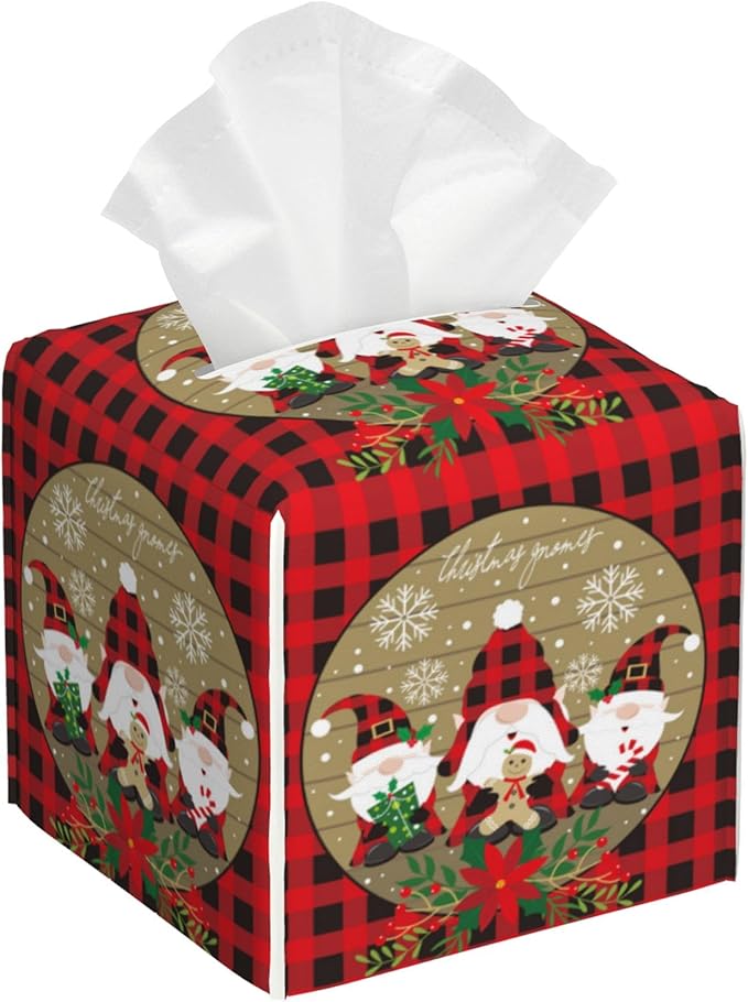 Red and Black Buffalo Plaid Leather Tissue Box Holder Christmas Gnomes Tissue Box Cover Square Waterproof Tissue Holder Organizer Modern Napkin Holder for Bedroom Dresser Night Stand Office Desk