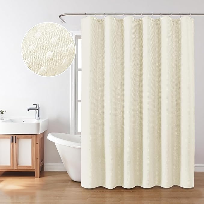 Inhousolu Fabric Shower Curtain Waffle Weave, 230 GSM Heavy Duty, Weighted Hem, 8 Metal Hooks, Water Repellent, Machine Washable, Hotel Spa Luxury Bath Curtain Set, 36 x 72 Inch, Ivory